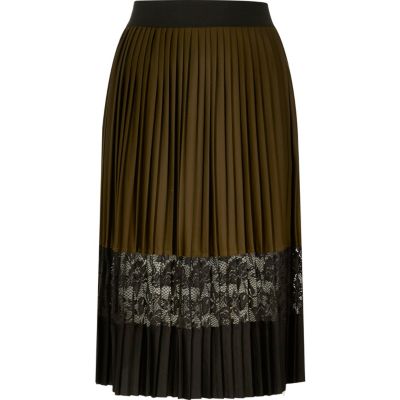 Khaki pleated lace midi skirt